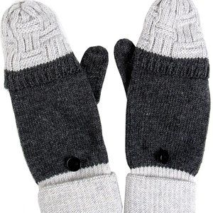 Womens 2-way Winter T.P.O. Gray Knit Convertible Fingerless Gloves Mitten Cover
